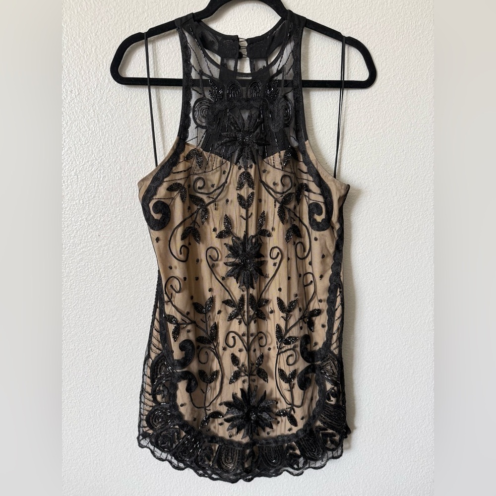 Free People Embroidered Mini Dress Size 2 | Sheer Lace Black Tan Y2K Festival - Picture 2 of 11